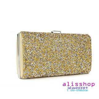 พร้อมส่ง Evening Clutch กระเป๋าออกงาน ทรงสี่เหลี่ยม พร้อมสายโซ่ยาว อัดคริสตัลเม็ดเล็ก สวยหรู สีทอง