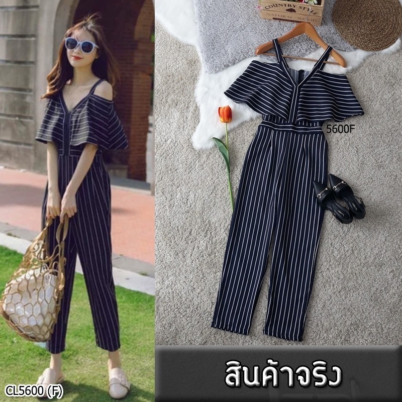 h5600-jumpsuit-จั้มสูทขายาวสายเดี่ยว-เปิดไหล่ระบายอกลายริ้ว-งานผ้าไหมอิตาลี่-มีซิปซ่อนด้านหลัง-เอวไม่สม็อค