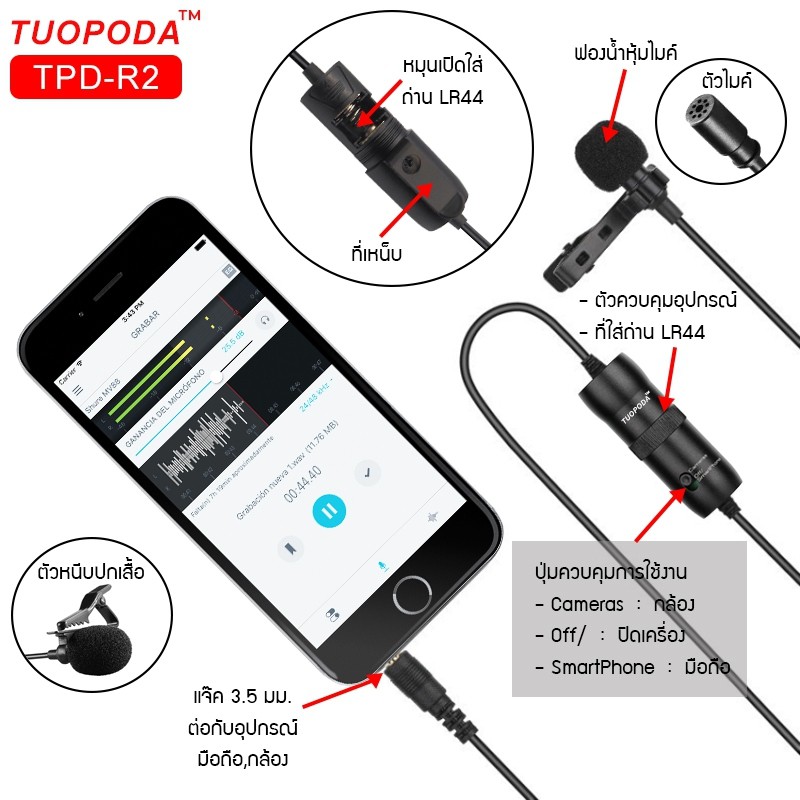 tuopodaไมค์ไลฟ์สด-อัดเสียง-สำหรับมือถือ-กล้อง-dslr-รุ่นr2-ของแท้