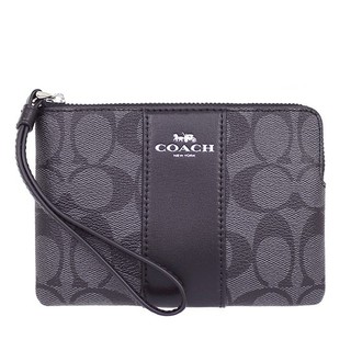 COACH กระเป๋า CORNER ZIP WRISTLET IN SIGNATURE COATED CANVAS WITH LEATHER STRIPE F58035 SVDK6 (SV/Black Smoke/Black)