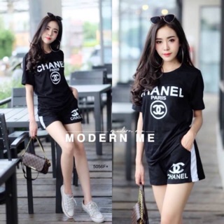 Set 2 ชิ้น เสื้อยืดแขนสั้น สกรีนลาย Chanel มาพร้อมกางเกงขาสั้น