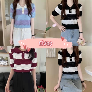 Elves✨พร้อมส่ง✨  เสื้อไหมพรมแขนสั้น คอปก กระดุมทองน่ารักมากคิ้วมาก ~7649~