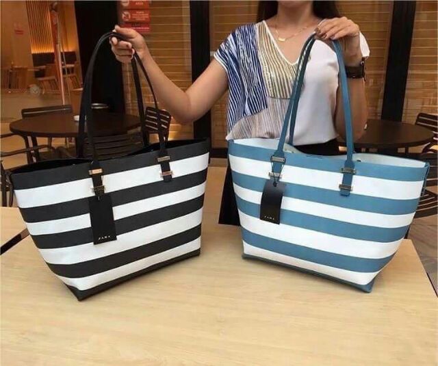 zara-two-tone-striped-toteแท้-outlet-กระเป๋าสะพายใบใหญ่ลายหนัง-saffiano