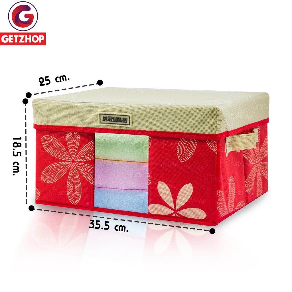 กล่องผ้า-กล่องเอนกประสงค์-กล่องเก็บของเอนกประสงค์-แบบแข็ง-ลายดอกไม้-สีแดง