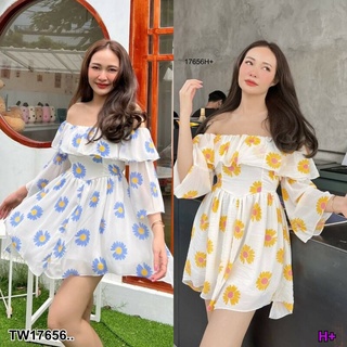 B17656 เดรสสั้นเปิดไหล่แต่งระบายไหล่กระโปรงบานพริ้ว Off-the-shoulder short dress with ruffled shoulders and flared skirt