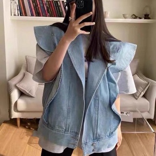 เสื้อแจ็กเก็ตยีนแขนกุดลําลอง แต่งลูกไม้ ลายใบบัว แฟชั่นฤดูใบไม้ผลิ และฤดูร้อน สไตล์เกาหลี สําหรับผู้หญิง 2021