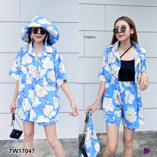 TW17047 set 3 ชิ้น เซต 3 ชิ้น เซตเสื้อเชิ้ตทรง oversize มาพร้อมกางเกงขาสั้น และน้อนหมวก ลายดอกไม้