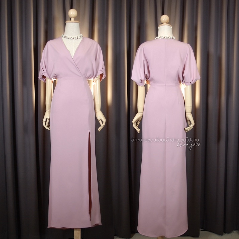 FN4101 เดรสราตรีแขนสามส่วนพรางต้นแขน เรียบหรู ชุดไปงานแต่ง เดรสเพื่อนเจ้าสาว ผ้าครีพเกาหลี มุมมองที่ 4