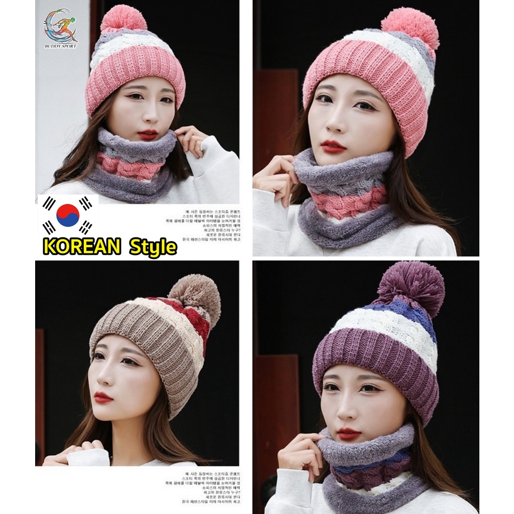 05a9-หมวกไหมพรมกันหนาว-สไตล์เกาหลี-พร้อมผ้าพันคอกันหนาวบุขนนุ่ม