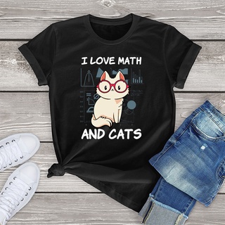 เสื้อยืดแขนสั้น พิมพ์ลายกราฟฟิค I Love Math and Cats แฟชั่นสําหรับผู้หญิง
