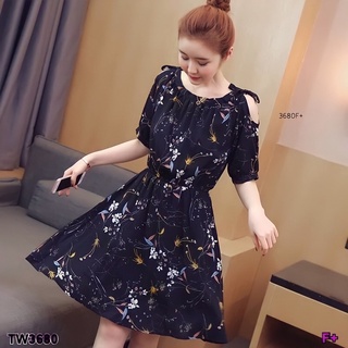 TW3680 Mini Dress ลายดอกไม้ ผ้าหางกระรอก เอวสม็อค แขนบอลลูน เว้าไหล่ ไม่ใช่สายผูกไหล่ ติดเชือกผูกโบว์ไหล่ ไม่มีซับใน