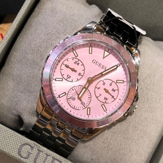 (ผ่อน0%) นาฬิกา ผู้หญิง สายสเตนเลส สีชมพู GUESS U1187L2 SILVER-TONE AND PINK MULTIFUNCTION WATCH