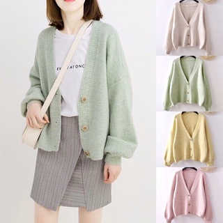 เสื้อคลุม Sweater เสื้อกันหนาวไหมพรมนุ่มนิ่ม สไตล์มินิมอล คอV มีกระดุม สีโทนพาสเทล มีให้เลือก 4 สี ฟรีไซส์