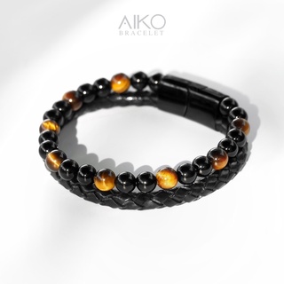 The Kardos กำไลหินมิกซ์หนัง (Black Onyx/ Tiger Eye)