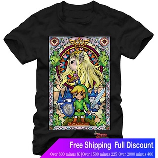 นินเทนโด เสือยืดผู้ชาย เสื้อบอดี้โ Nintendo The Legend Of Zelda: The Wind Waker Regal Stained Glass Black T-shirt (Mediu