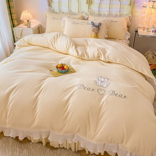 🌈ผ้าปูที่นอน ชุดผ้าปูที่นอน 3.5/5/6ฟุต สไตล์เกาหลีชีฟองลูกไม้ล้างผ้าฝ้ายกระโปรงเตียงสี่ชิ้นผ้านวมปกสีทึบสาวหัวใจสามชิ้น