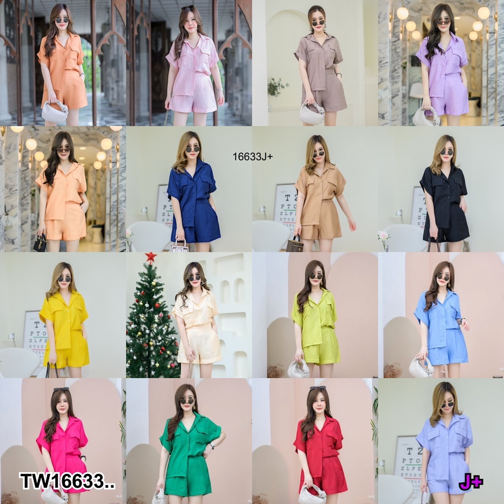 สาวอวบ-ch16633-set-2-ชิ้น-เสื้อเชิ้ตไหล่ล้ำ-คอปก-กางเกงขาสั้น
