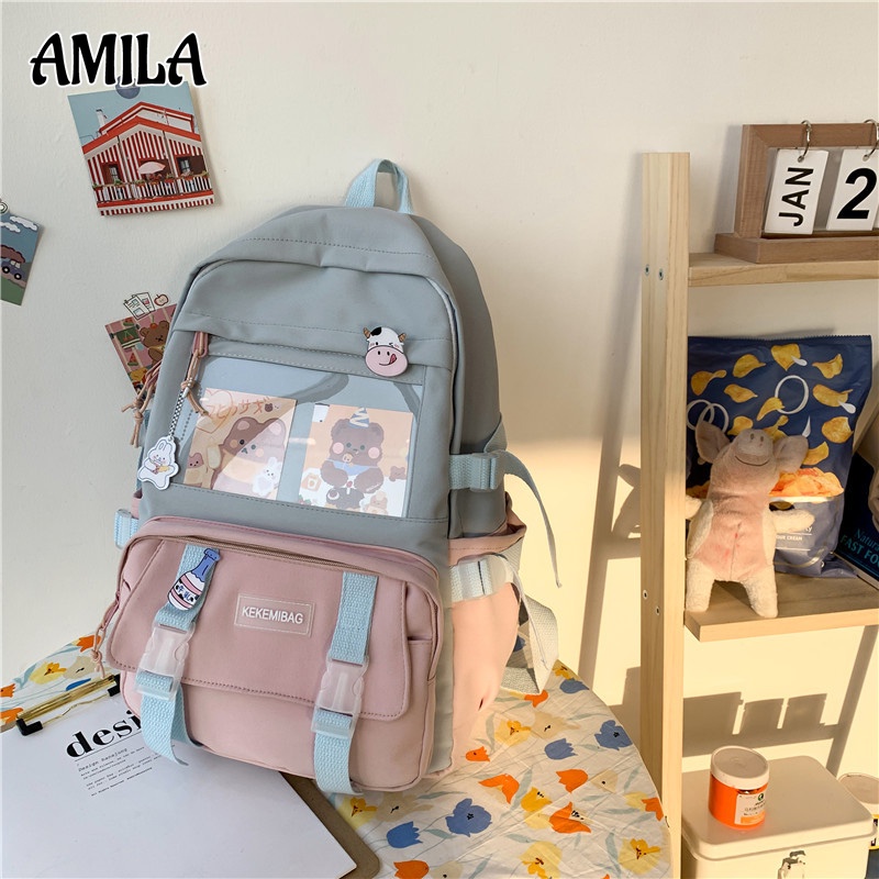 amila-กระเป๋าเป้เด็กผู้หญิงการออกแบบสีตัดกันความจุสูงกระเป๋านักเรียนแฟชั่นน่ารัก-ไม่มีจี้