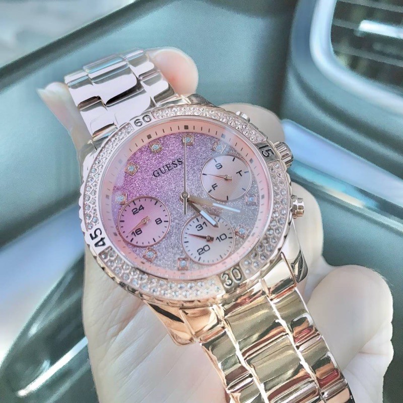 0 GUESS U0774L3 Iconic Pink Glitter Dial Rose Gold tone Multi function Watch 37