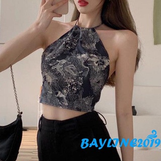 BAY-Women´s Sleeveless Cropped Vest, Pattern Printed Hanging Neck Tank Tops, Ladies Summer Slim-Fit Camisole