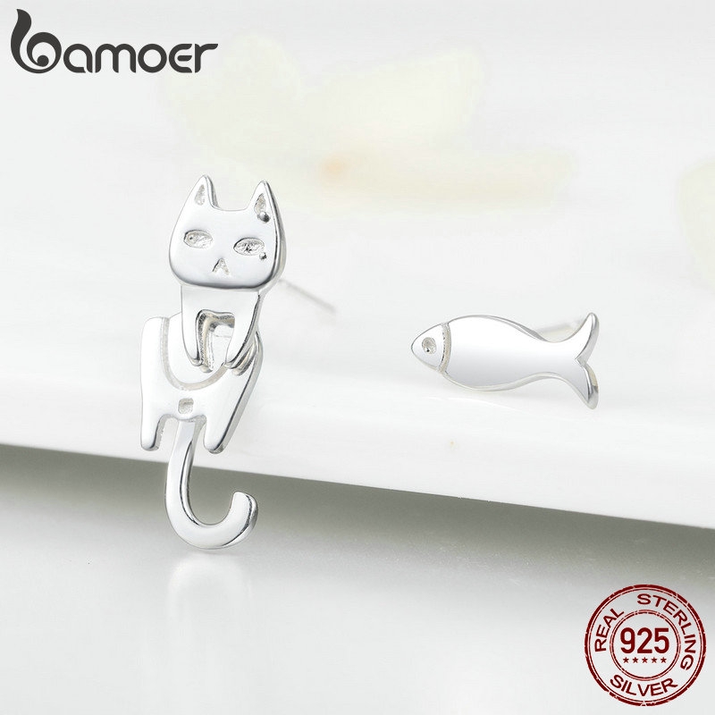 bamoer-ต่างหูสตั๊ดสำหรับผู้หญิงของแท้-925-เงินสเตอร์ลิงปลาและแมวรูปร่าง-sce488