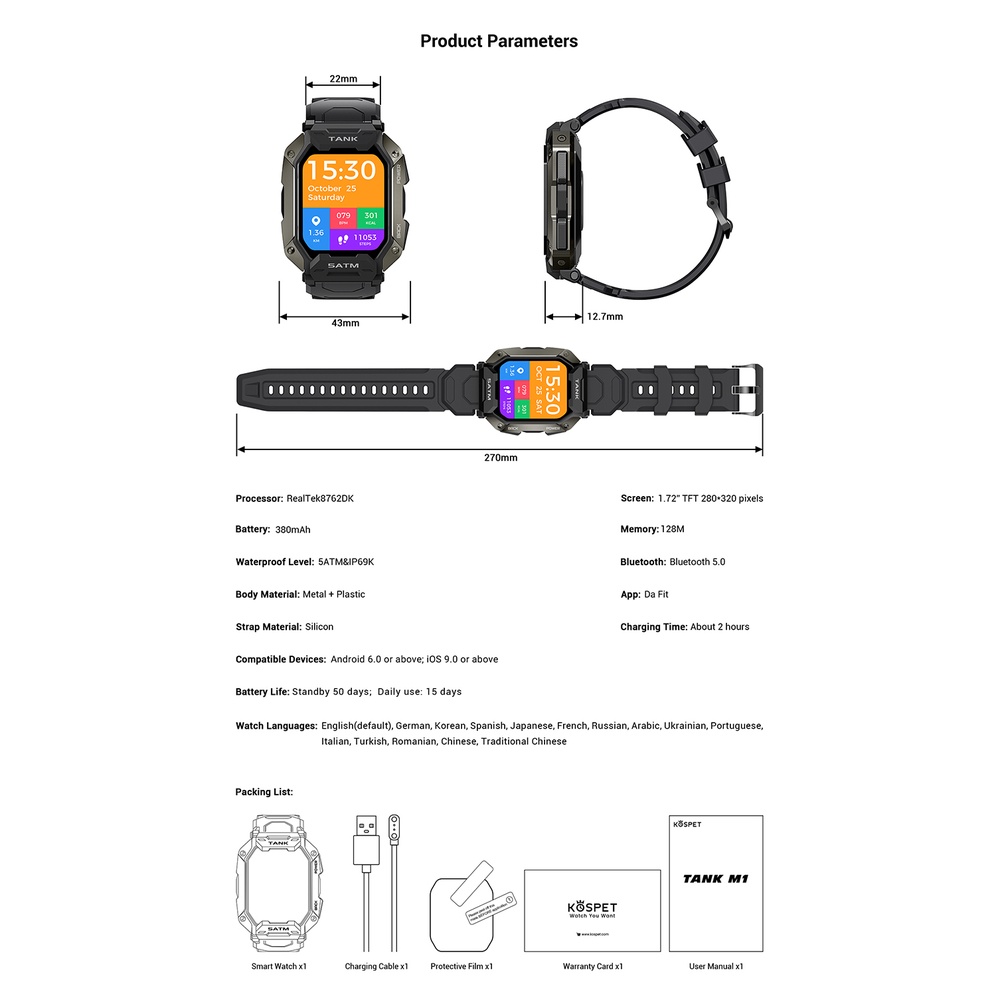 ภาพสินค้าใหม่ 2022 KOSPET TANK M1 นาฬิกาข้อมือสมาร์ทวอทช์ เชื่อมต่อบลูทูธ กันน้ํา วัดความดันโลหิต 5ATM IP69K สําหรับผู้ชาย จากร้าน dilibertotop.th บน Shopee ภาพที่ 8