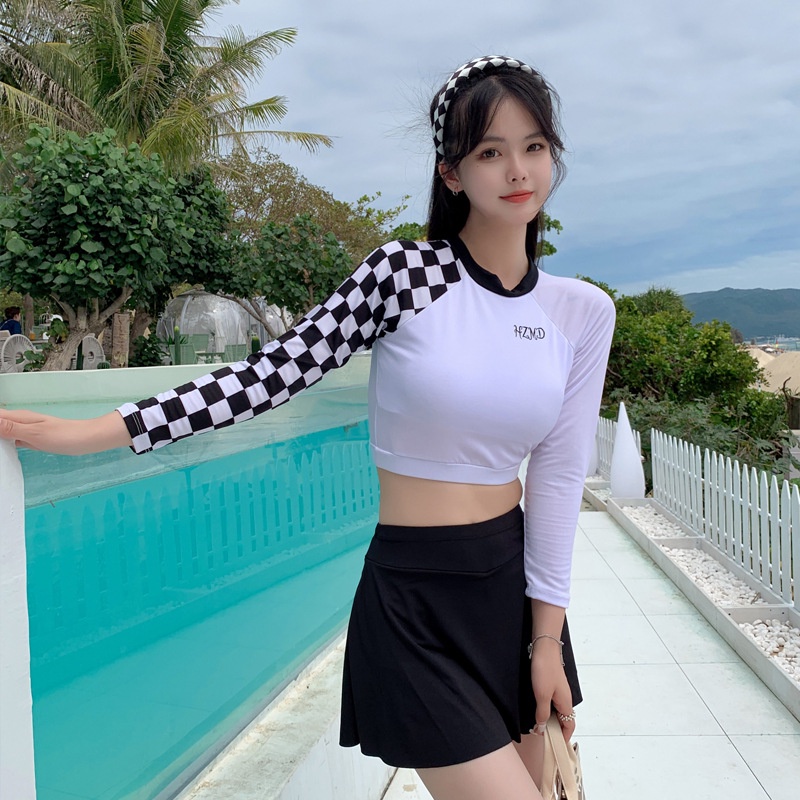 easy-ชุดว่ายน้ําผู้หญิงแขนยาว-กระโปรง-ทูพีช-เอวสูง-รุ่น-0239