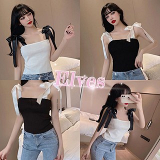 Elves✨พร้อมส่ง✨เสื้อไหมพรมผูกโบว์ตรงไหล่สุดปัง🔥(98038)​