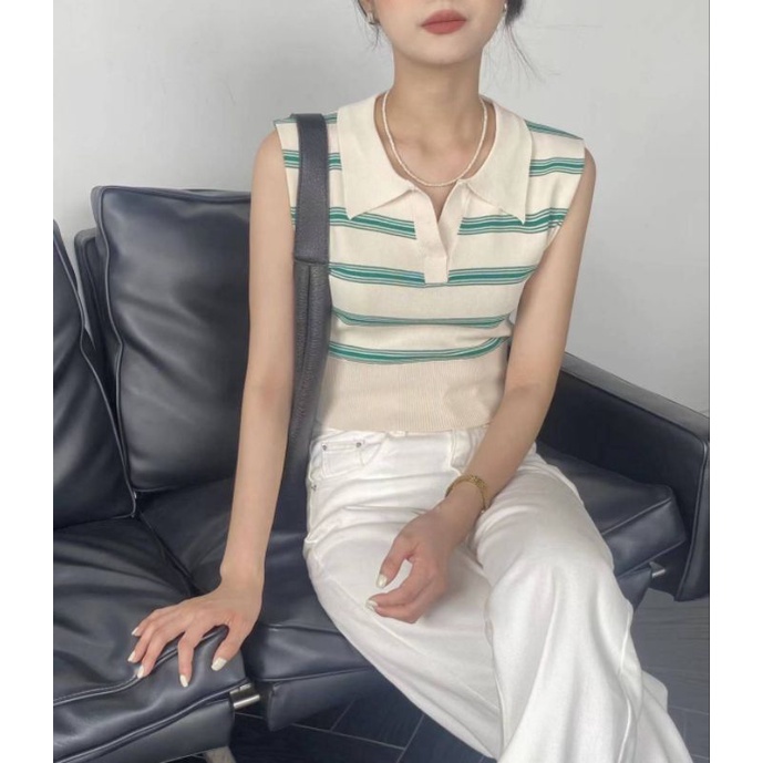 Ey_official#358#เสื้ิอครอปไหมพรมคอปกแขนกุดกลายทาง+ลายพื้นแมทช์กับอะไรก็ ...