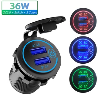 SABUY 12-24V Quick Charge 3.0 Dual USB Car Charger Socket Waterproof ที่ชาร์ตแบต รถหัวชาร์จในรถ 2.1Aชาร์จแบตในรถ กันน้ำที่ชาร์จ ที่ชาร์จมือถือ กับสวิทช์On Off TouchไฟLED