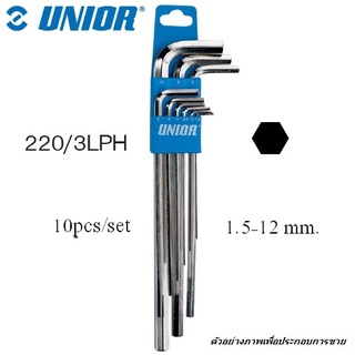 UNIOR 220/3LPH ประแจหกเหลี่ยมชุบขาวยาว 10ตัวชุด 1.5-12mm. (220L SET)