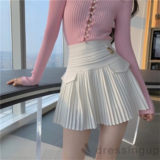 DRE-Ladies Short Pleated Bust Skirt, Summer Solid Color Metal Decoration High Waist Half Skirt