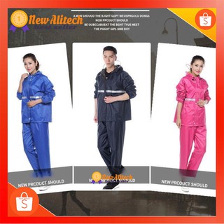 New Alitech ชุดกันฝน เสื้อกันฝน สีกรมท่า มีแถบสะท้อนแสง รุ่น หมวกติดเสื้อ Waterproof Rain Suit