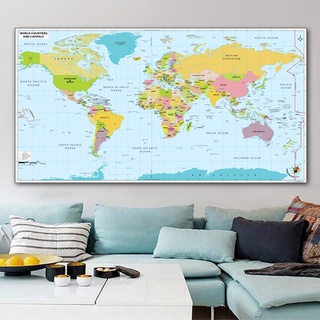 โปสเตอร์ภาพวาดผ้าใบ รูปแผนที่โลก สไตล์โมเดิร์น สําหรับตกแต่งผนังบ้าน ห้องนั่งเล่น ห้องนอนเด็ก