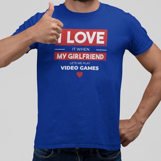เสื้อยืด แฟชั่น BearOgraphY Love My GIRLFRIEND Unisex Graphic T Shirt 100% Cotton เสื้อยืดสกรีน ข้อความรักแฟน สีน้ำเงิน