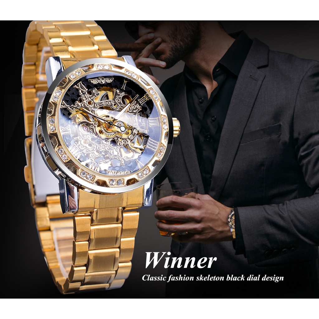 winner-นาฬิกาข้อมืออะนาล็อกสีทองสไตล์คลาสสิก
