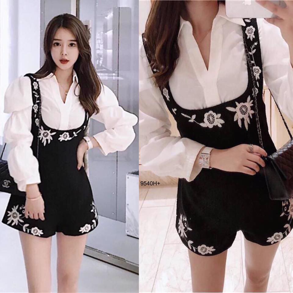 เสื้อเชิ้ตแขนยาว-เอี๊ยมกางเกงขาสั้นพิมพ์ลายดอกไม้-tw9540