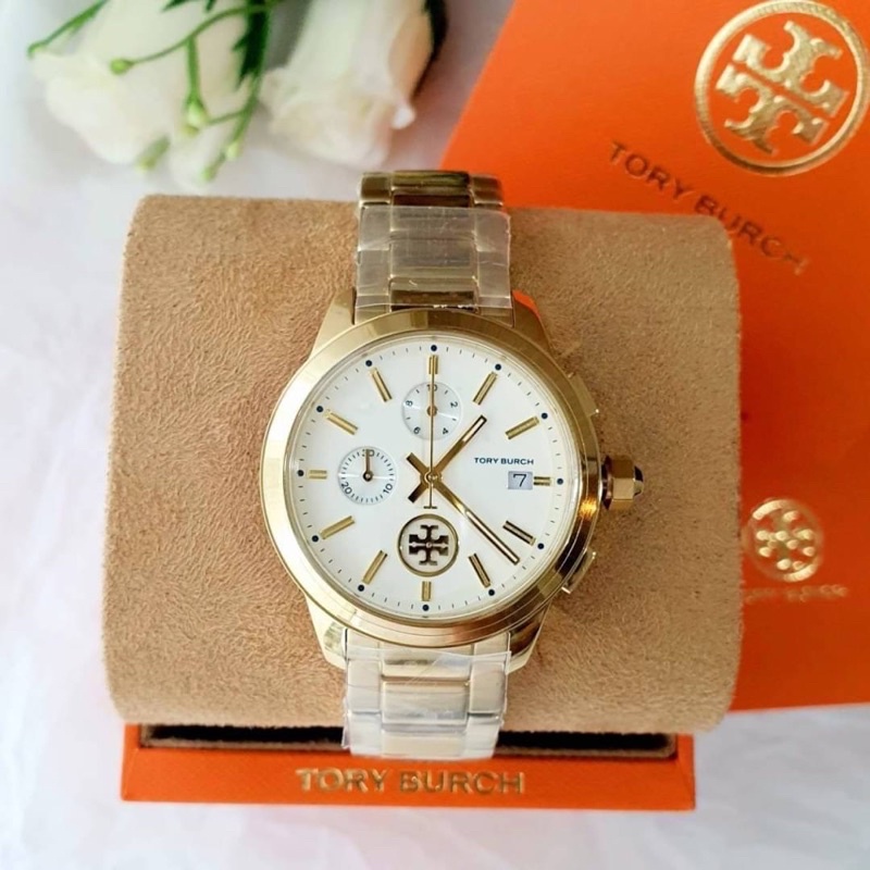 สด-ผ่อน-นาฬิกาสีทอง-กล่องแบรนด์-tbw1250-tory-burch-collins-watch-gold-tone-stainless-chronograph-ขนาด-38-mm