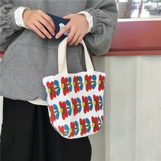 กระเป๋าถือ ผ้าแคนวาส ขนาดเล็ก แบบพกพา ลายดอกไม้ สไตล์เกาหลี สําหรับผู้หญิง