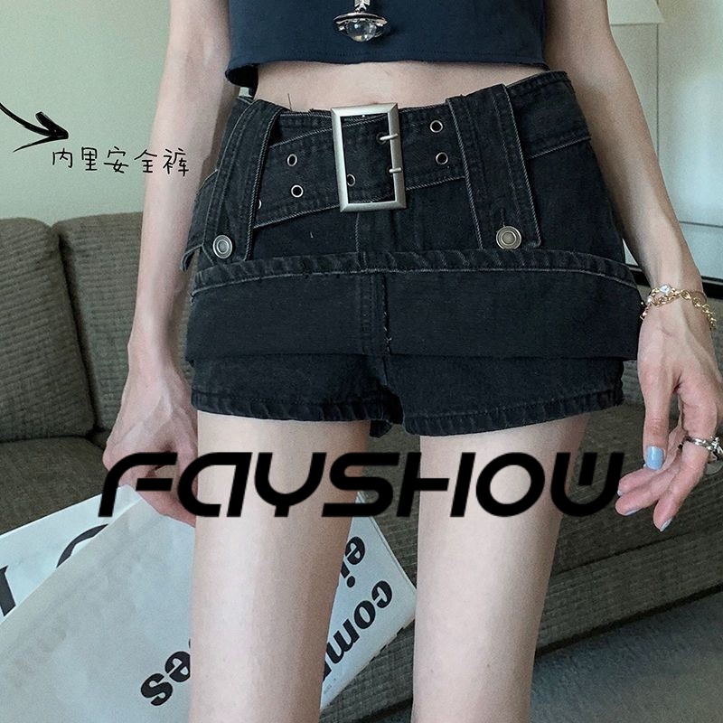 ภาพหน้าปกสินค้าFayShow กางเกงยีนส์ขาสั้น กระโปรง กางเกงขาสั้น กระโปรงปลอมสองชิ้นของผู้หญิงเอวสูงเกาหลี QK22100902