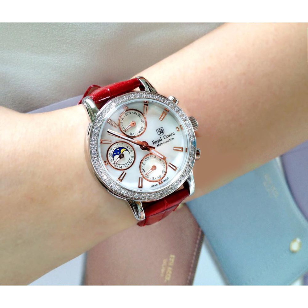 royal-crown-ฝังเพชรสวิส-สายหนัง-6420-นาฬิกาพรีเมี่ยม-นำเข้าจากฮ่องกง-smart-หน้าปัดกลมประดับเพชรสวิส-งานmicro-setting
