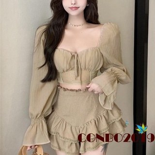 HGM-Women´s Long Sleeve Crop Tops, Solid Color Patchwork Tie Up See-Through Blouse, Casual Sweet Style Tops