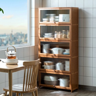 ตู้ไม้วางของ Bamboo cabinet shelves multifunction with glass doors
