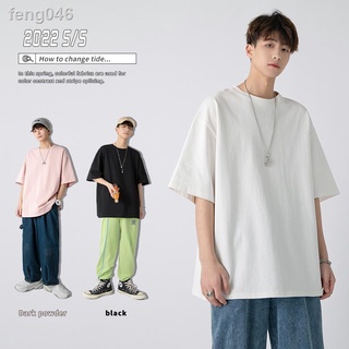 feng046@fangshaomen ฤดูร้อนคู่ขนาดเล็กสีทึบสบายๆเสื้อยืดแขนสั้นผู้ชายเกาหลีรุ่น ins tide all-match แขนสั้น