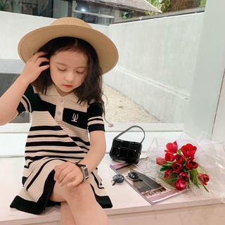 ชุดเดรสแขนสั้น ผ้าเรยอนถัก ลายทาง สไตล์เกาหลี ตะวันตก แฟชั่นฤดูร้อน สําหรับเด็กผู้หญิง
