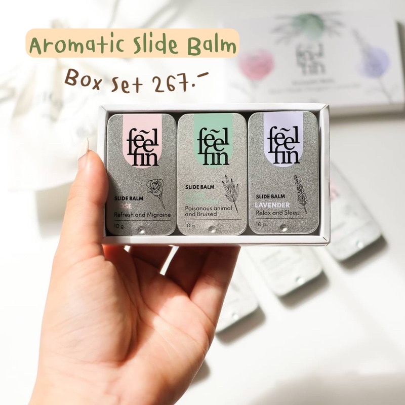 กล่องเซ็ต-3-กลิ่นหม่อง-อโรม่าบาร์ม-aromatic-balm-feelfinใช้ทาใช้ดม-กลิ่นกุหลาบ-ลาเวนเดอร์-เสลดพังพอน-ของขวัญ-ของแจก