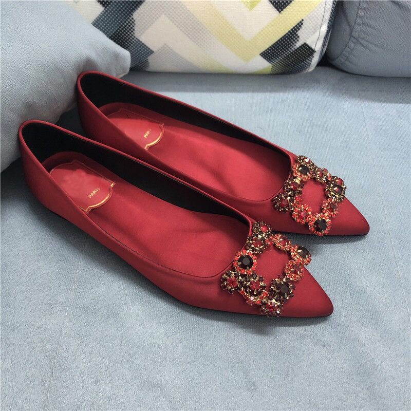 beautysia Sicily Size 35 44 Women Plus Size Flat Shoes Korean Fashion Wild Satin Rhinestone Pointed Flat Shoes Bridesmaid Flat Shoes Wedding Shoes