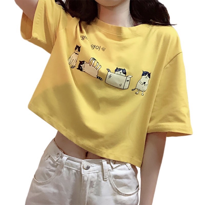 zf-shop-เสื้อยืดผู้หญิง-เสื้อยืดเอวลอย-เสื้อครอปแขนสั้นพิมพ์ลายดิจิดอน-เสื้อวัยรุ่นเกาหลี