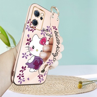 เคส Oppo Reno 7 5G Reno7 Pro Reno7 Z Reno 8 Reno8 Pro 5G เคสโทรศัพท์มือถือแบบนิ่ม TPU ลายการ์ตูนคิตตี้ พร้อมสายคล้องข้อมือ หรูหรา