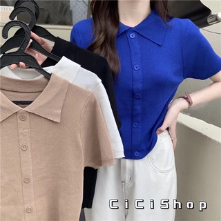 Cicishop(5753)เสื้อแขนสั้นไหมพรม คอปก  BASICกระดุมหน้า สีเรียบๆไม่หนาาใส่สบาย